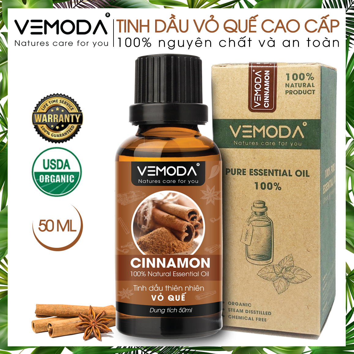 Tinh dầu Vỏ quế cao cấp Vemoda 50ML| Cinnamon Essential Oil. Tinh dầu xông phòng. Tinh dầu thơm phòng mùi hương Vỏ Quế giúp thư giãn, giảm stress, khử mùi, tạo không gian ấm áp. Tinh dầu thiền định, tăng khả năng tập trung