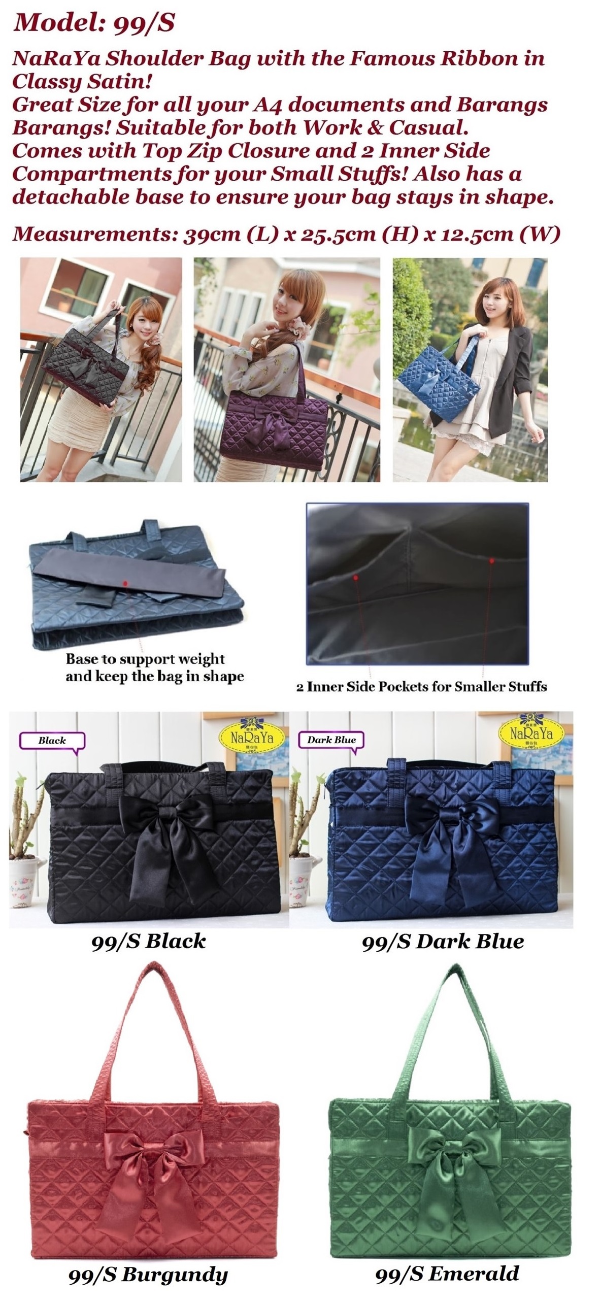 Instock! Authentic NaRaYa A4 Document Travel Spacious Shoulder Bag Satin  Ribbon NBS99 Series Small Medium Large