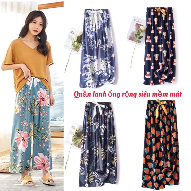 QUẦN LANH DÀI ỐNG RỘNG CHO NỮ MẶC Ở NHÀ, QUẦN HOA LÁ MẶC ĐI BIỂN ỐNG SUÔNG CHẤT VẢI TOLE