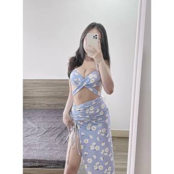 Đồ bơi bikini kèm váy rút xẻ dài hoa cúc siêu xinh