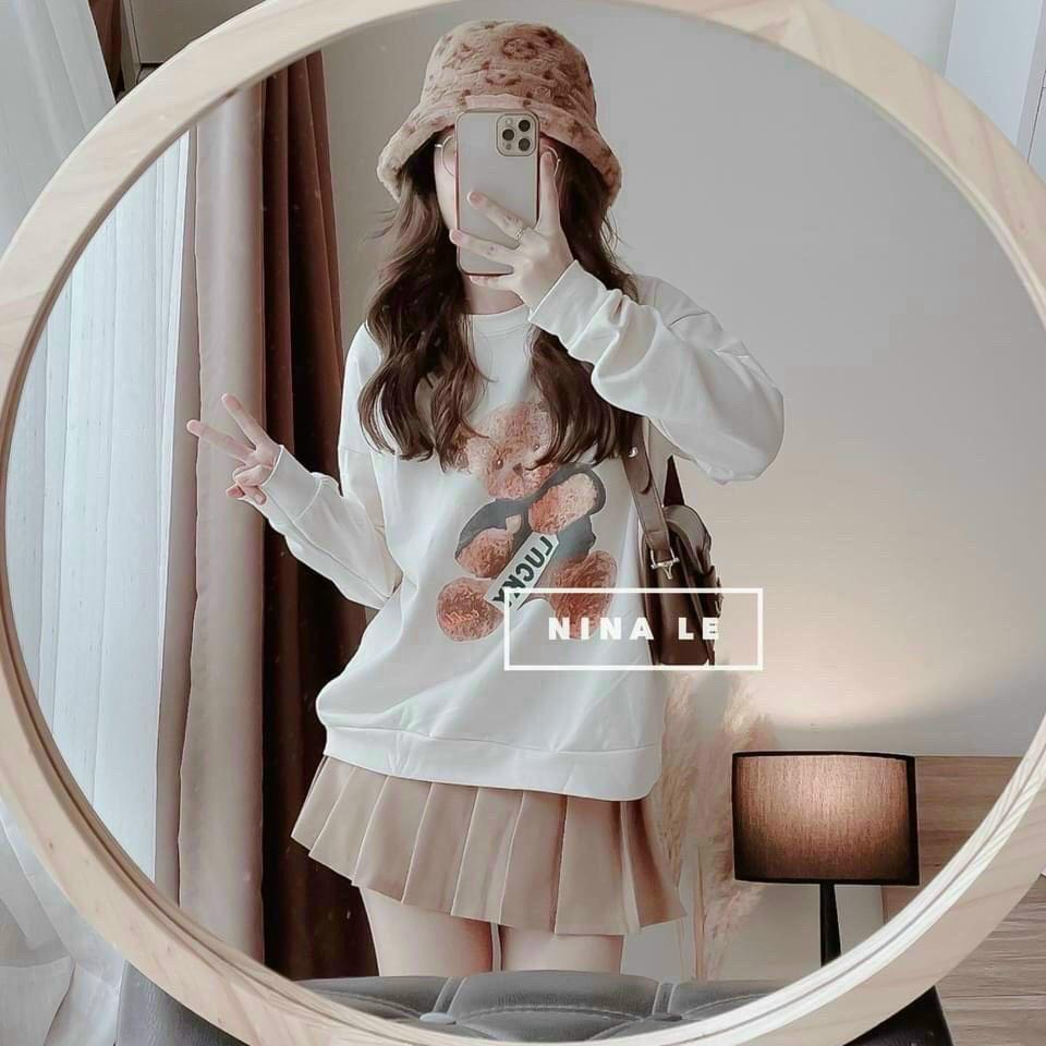 [Đồ Hè] Set Bộ Thời Trang Nữ Áo Phông Hoạ Tiết Gấu & Chân Váy Xếp Ly Điệu Đà