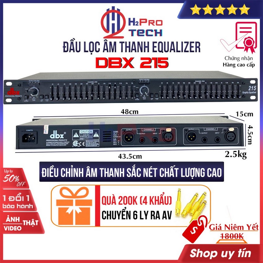 Lọc xì equalizer, lọc xì âm thanh DBX 215 cao cấp-2 kênh-30 cần chỉnh sắc nét từng âm thanh(tặng 4 khẩu 6 ly)-Shop H2pro