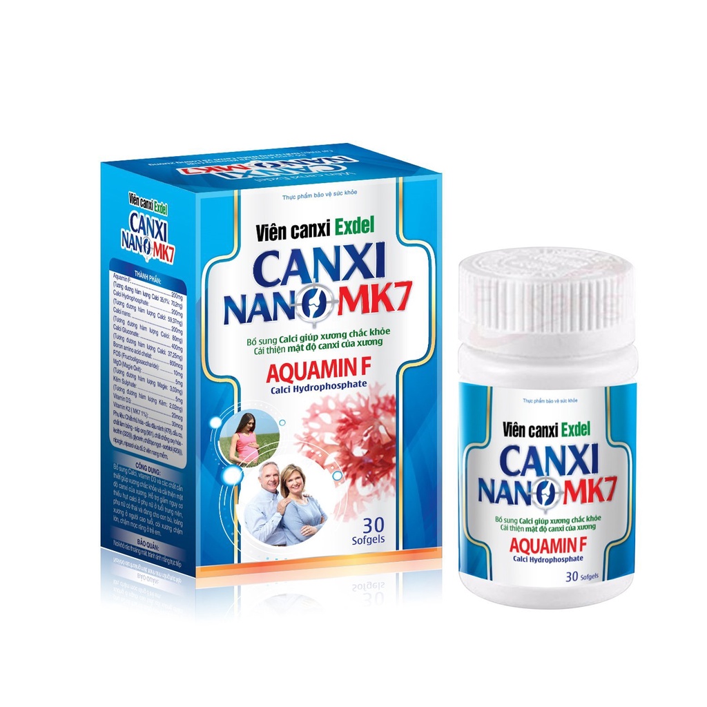 Viên Canxi Exdel CANXI NANO MK7,, hộp 30 viên, lọ 60 viên