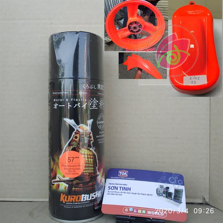 57 _ Chai sơn xịt sơn xe máy Samurai 57** màu ĐỎ huỳnh quang , sơn xịt phản quang màu đỏ _ Fluorescent RED