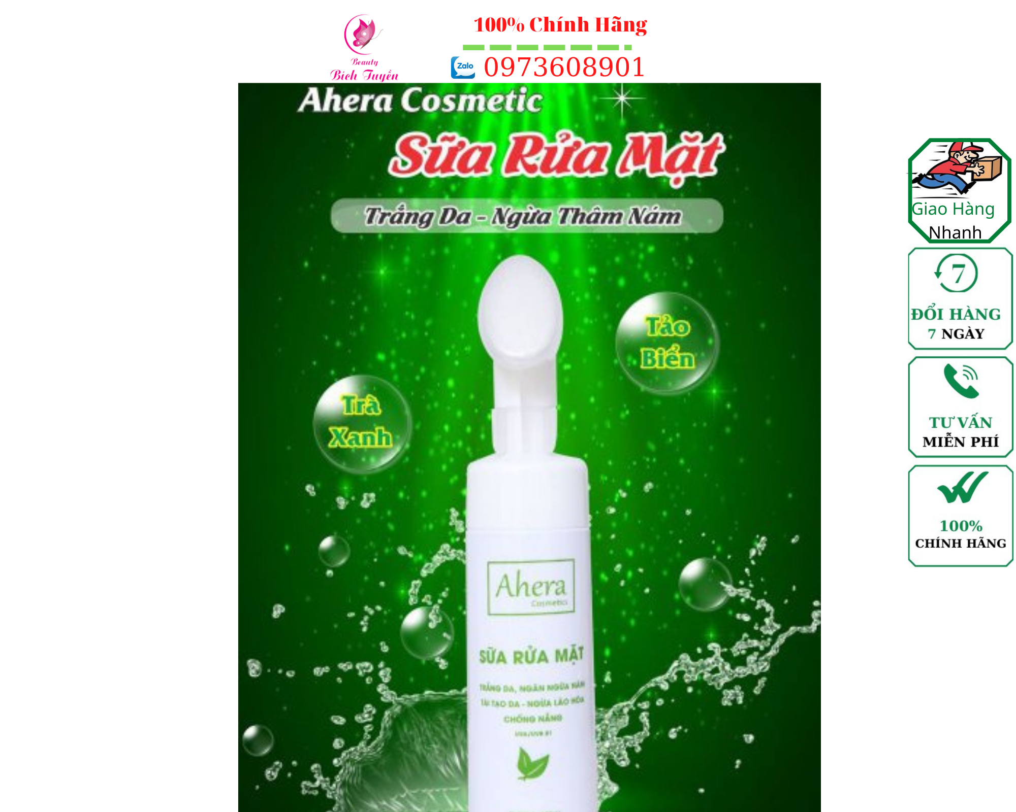 Sữa Rửa Mặt AHERA trắng da, ngăn ngừa nám 180ml - ngừa mụn se khít lỗ chân lông 120ml