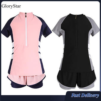 Glorystar 2 cái cô gái Đồ bơi họa tiết kẻ áo ngắn tay mùa hè đồ bơi kín đáo cho Junior học sinh trung học