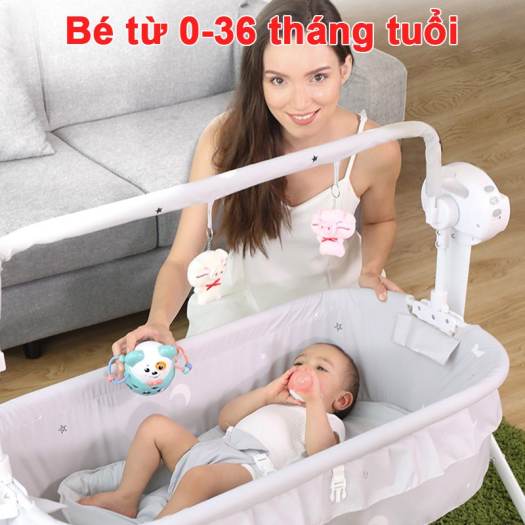 Nôi điện cho em bé sơ sinh Bibon thông minh, noi em be so sinh phát nhạc tự động kèm điều khiển từ xa, giường ngu tre em có đệm, gối, rèm chống muỗi siêu tiện lợi- Bảo hành 1 năm