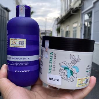 Bộ dầu gội khử vàng Elgon Silver Shampoo 300ml + Dầu hấp Elgon Sublimia phục hồi tóc hư tổn do tẩy 500ml
