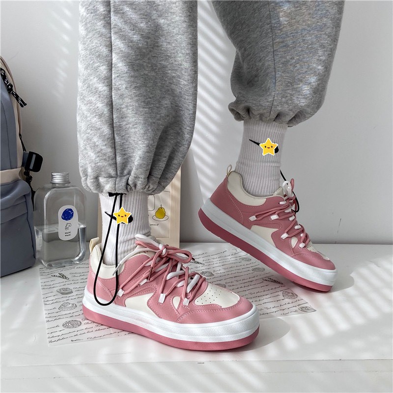 Giày thể thao nữ ULzzang đế bánh mì hồng cao cấp Giầy sneaker mũi tròn độn đế hot hit