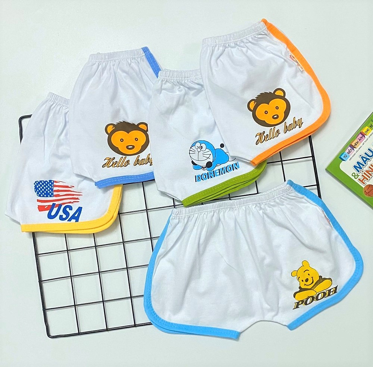 Set 5 Quần đùi cotton trắng viền màu thể thao cho bé trai, bé gái