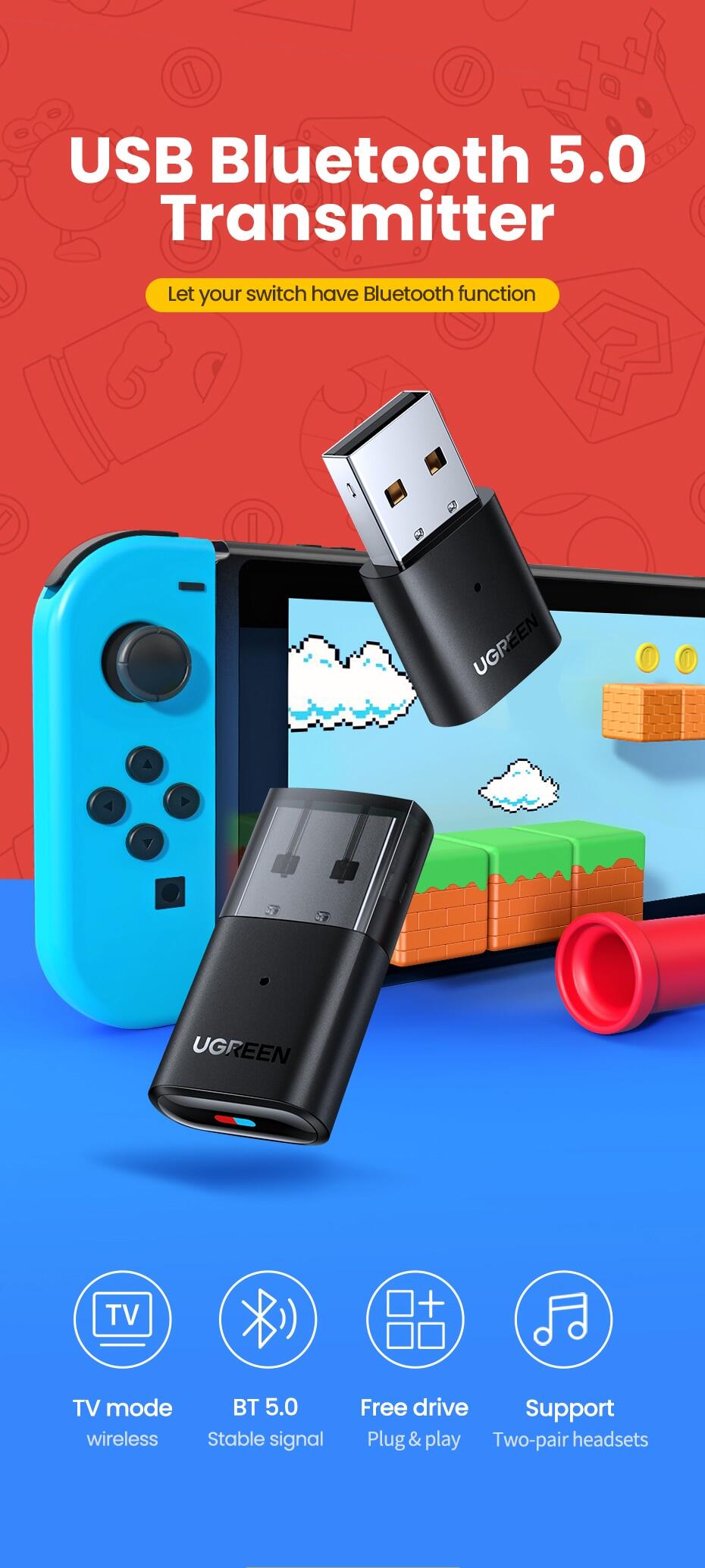 Ugreen Bluetooth 5.0 Transmitter for Switch/PS4 1 <p class="QN2lPu">Compatible with:</p> <p class="QN2lPu">✔️ PS5/PS4/PS3</p> <p class="QN2lPu">✔️ Nintendo Switch</p> <p class="QN2lPu">✔️ Windows/Linux</p> <p class="QN2lPu">Not Compatible with:</p> <p class="QN2lPu">❌ Mic/ Calling</p> <p class="QN2lPu">❌ Nintendo Switch Lite</p> <p class="QN2lPu">❌ Aptx</p> <p class="QN2lPu">❌ Airpod Pro 2</p>