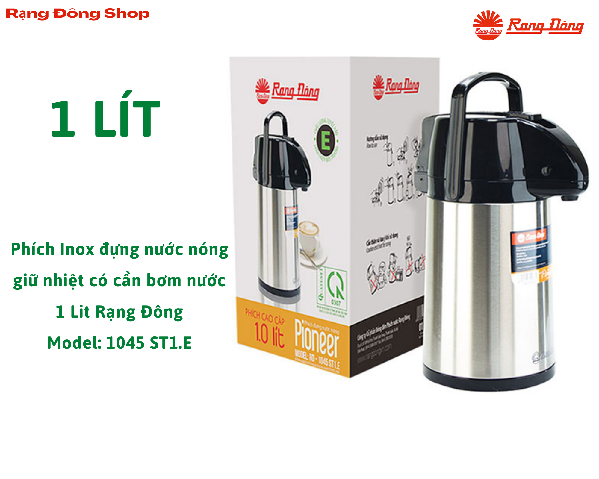 Phích inox đựng nước nóng giữ nhiệt có cần bơm nước 1 lit rạng đông 1045 st1.e