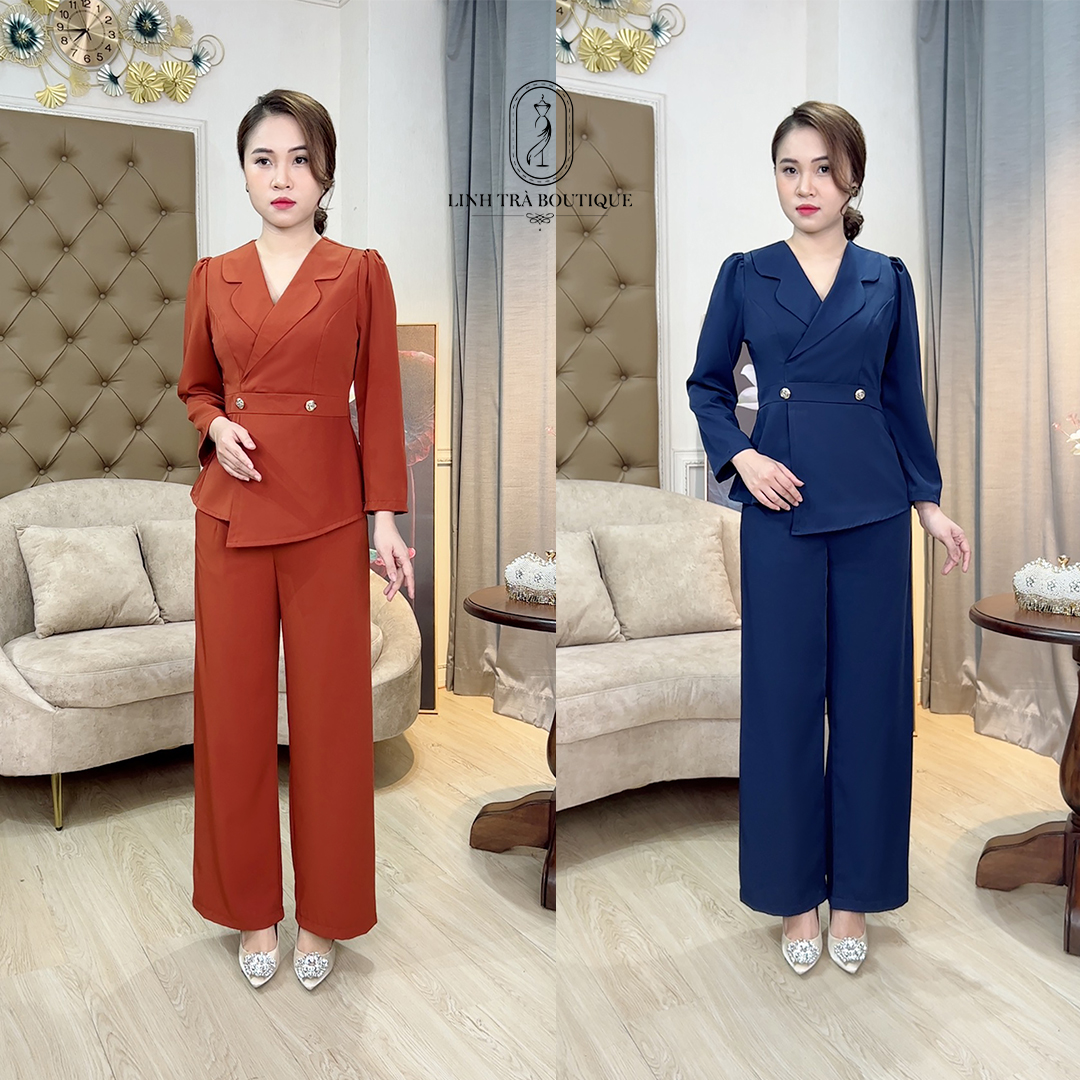 Linh Trà - Set Trung Niên Dáng Dài [TM 335] Cao Cấp Vải Chéo Ý Tay Ngắn Cho Mẹ U40 U50