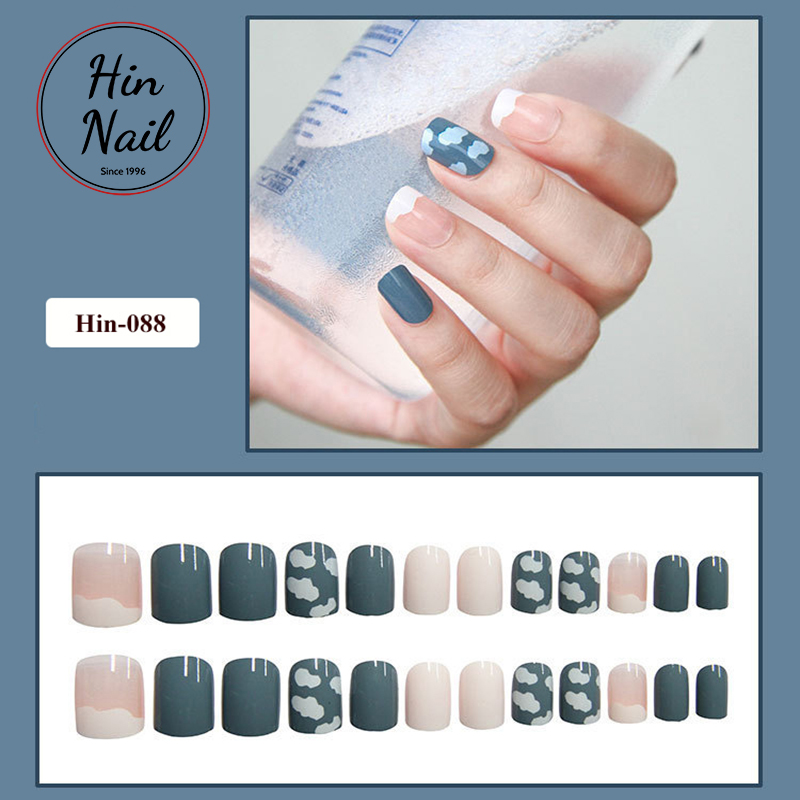 Móng tay giả form ngắn màu xanh,hồng họa tiết bắt mắt hottrend