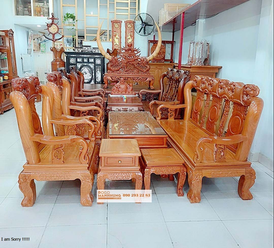 Bộ bàn ghế phòng khách, bàn ghế salon gỗ gõ đỏ cột 12 bàn hộp kéo - Đồ Gỗ Mạnh Hùng
