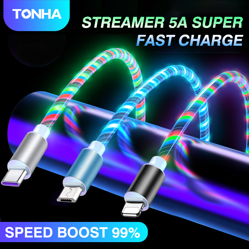 Tonha cáp sạc nhanh 5a cáp usb phát sáng phát sáng led cáp dữ liệu streamer nhiều màu cáp sạc microusb/type-c/iphone cáp sạc cho iphone android