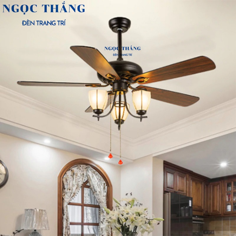 Quạt Trần Đèn 5 Cánh Gỗ Phòng Khách Phòng Ngủ Cao Cấp QT119 Ngọc Thắng (Kèm remote điều khiển từ xa)