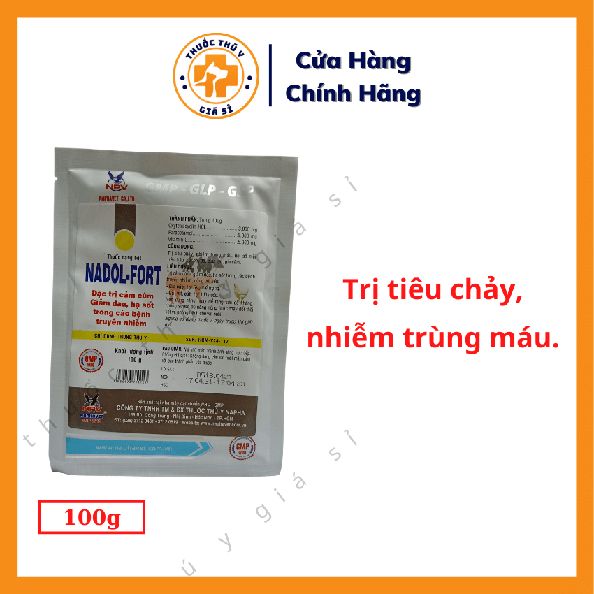 "Hoàn tiền đến 10%" Naphavet Nadol Fort 100g- Trị Tiêu Chảy, Nhiễm Trùng Máu, Ho, Sổ Mũi Trên Trâu, Bò, Dê, Cừu, Lợn, Gia Cầm - Thú Y Giá Sỉ
