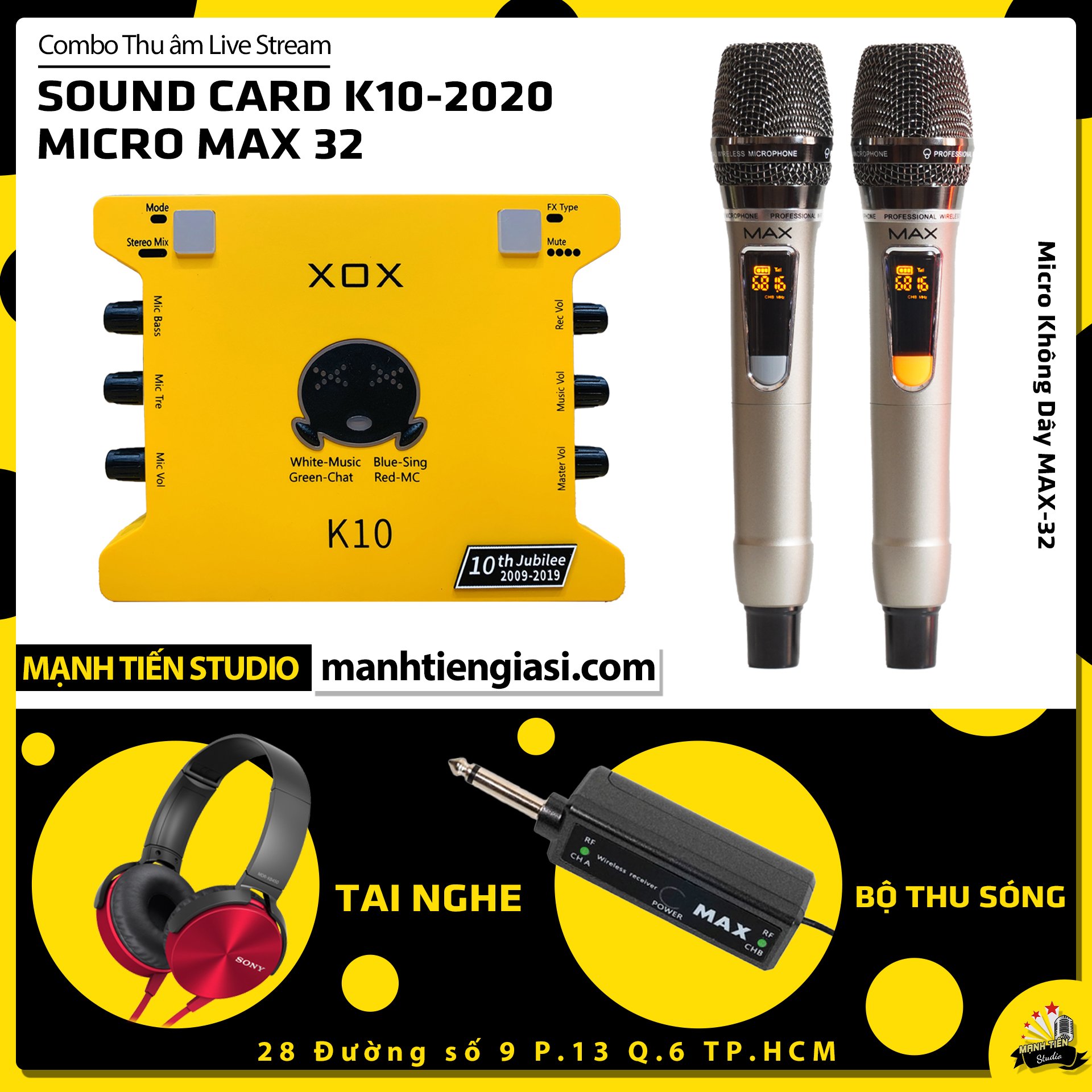 Combo thu âm, livestream karaoke Micro đa năng Max 32, Sound card XOX K10 Jubilee - Tặng kèm tai nghe chụp bảo hành 1 năm - Chính hãng