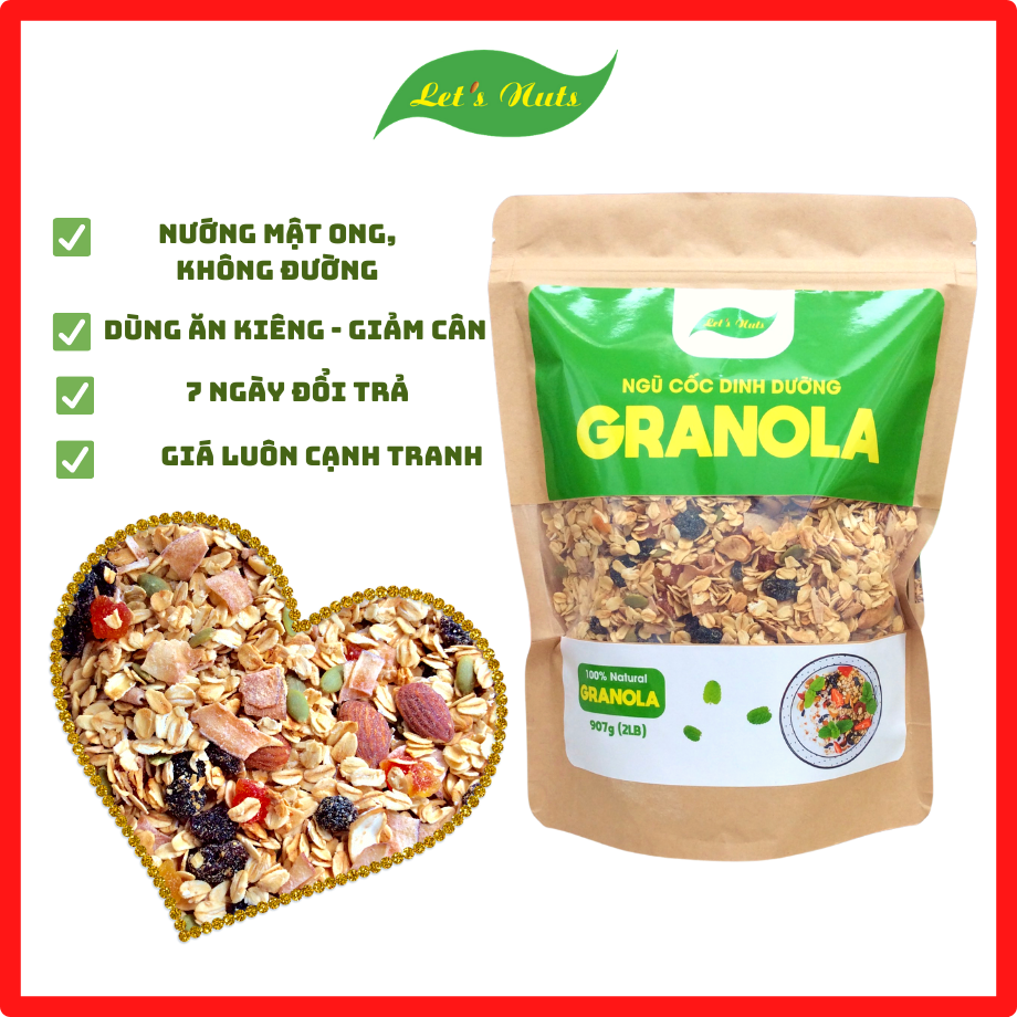 [HCM]Ngũ cốc ăn kiêng Granola Lets Nuts túi 907g làm từ yến mạch mật ong hạnh nhân nho khô bí xanh dừa hạt điều dành cho người bận rộn giảm cân ăn vặt văn phòng