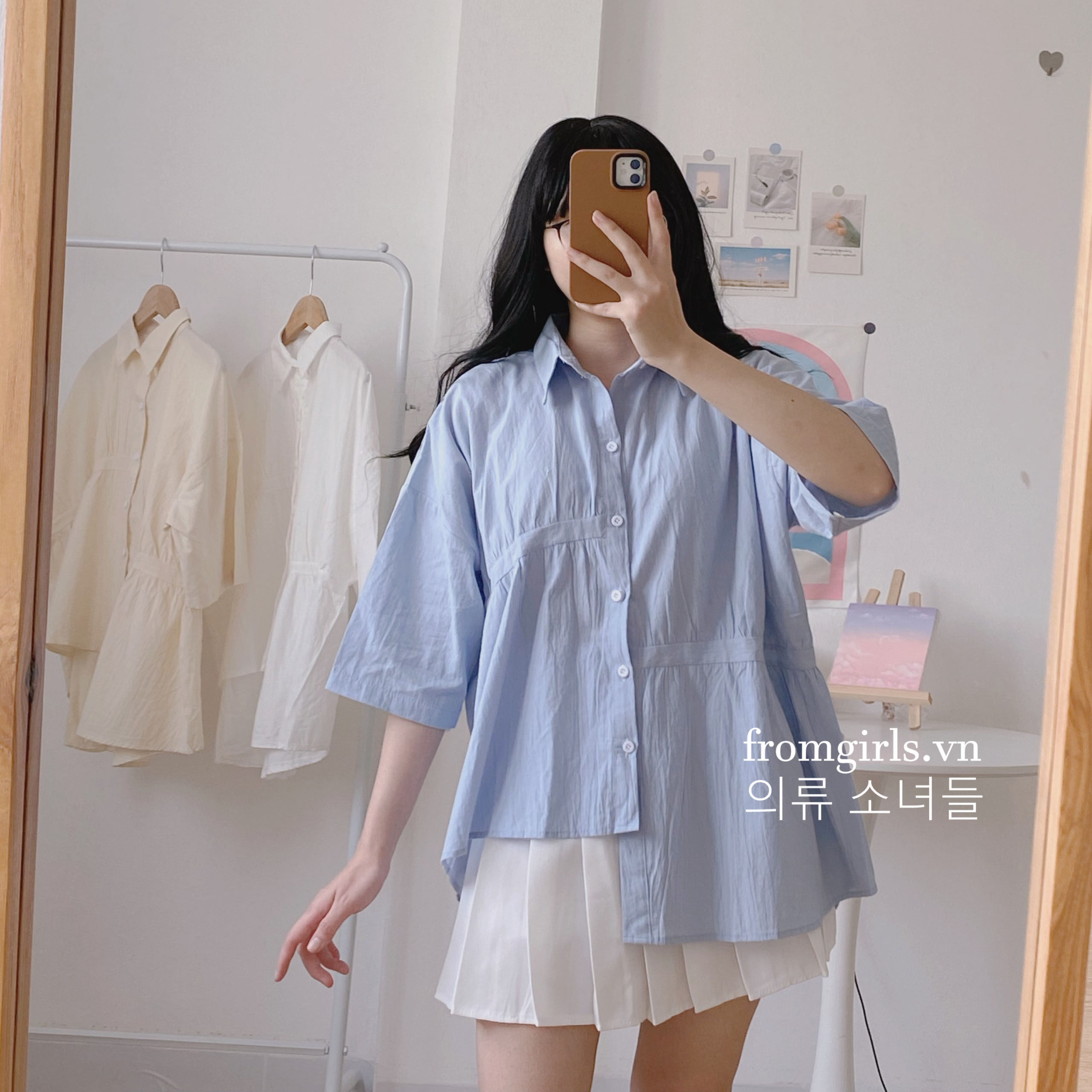 Sơ mi vạt lệch, sơ mi nữ tay lỡ dáng rộng đuôi tôm có túi ngực ulzzang - SM26