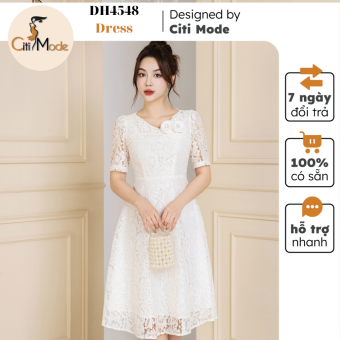 Đầm công sở CITI MODE FASHION thiết kế dáng xoè ren be cổ V đính hoa DH4548