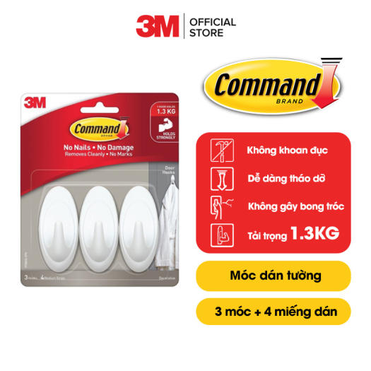 Móc dán tường Command 3M vỉ 3 cái chịu lực 1.3kg - Độ bền cao, bám cực chắc, tháo cực dễ 17086