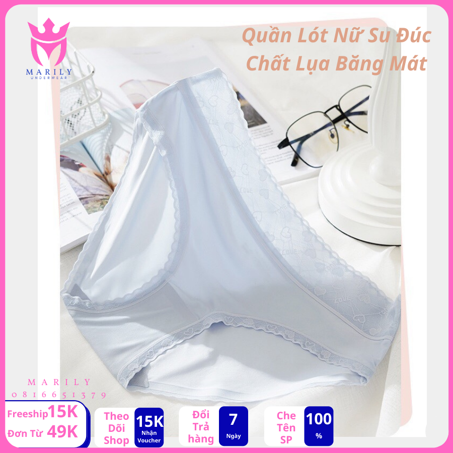 Quần lót nữ lụa băng, quần chip nữ tàng hình cạp ren họa tiết tim có size từ 40-70kg