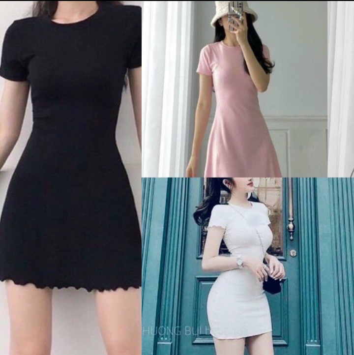 Đầm ôm body chạy viền tay ngắn cổ cao chất thun Gân dày dặn co giãn 4 chiều có ảnh thật của shop
