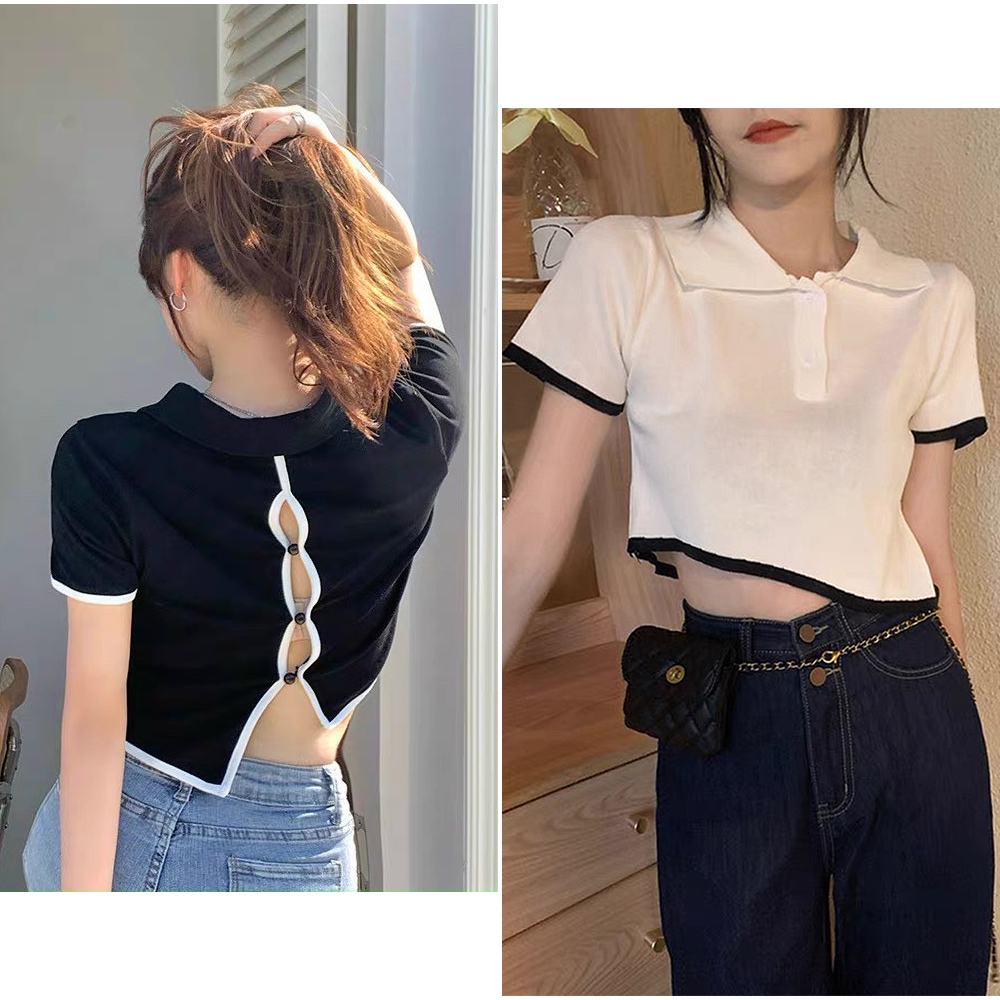 Áo Croptop Cổ Bẻ Tay Ngắn PINKSTORE29, Dáng Rộng Lưng Xẻ Cuốn Hút A5367