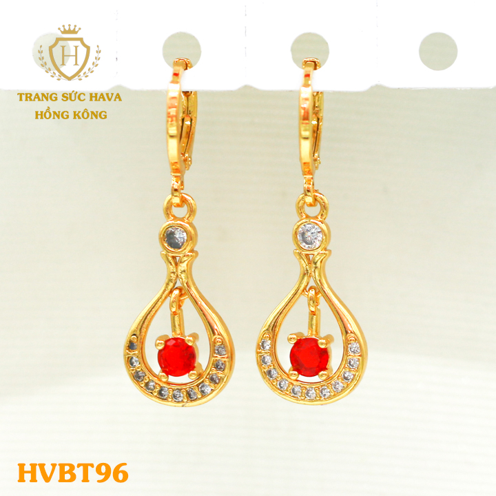 Khuyên Tai, Bông Tai, Hoa Tai Nữ Đính Đá (Màu Đỏ) Dáng Dài, Titan Xi Mạ Vàng Thật 10k, 18k, 24k Cao Cấp (Không Bị Đen) - Trang Sức Hava Hong Kong Phong Cách Thời Trang