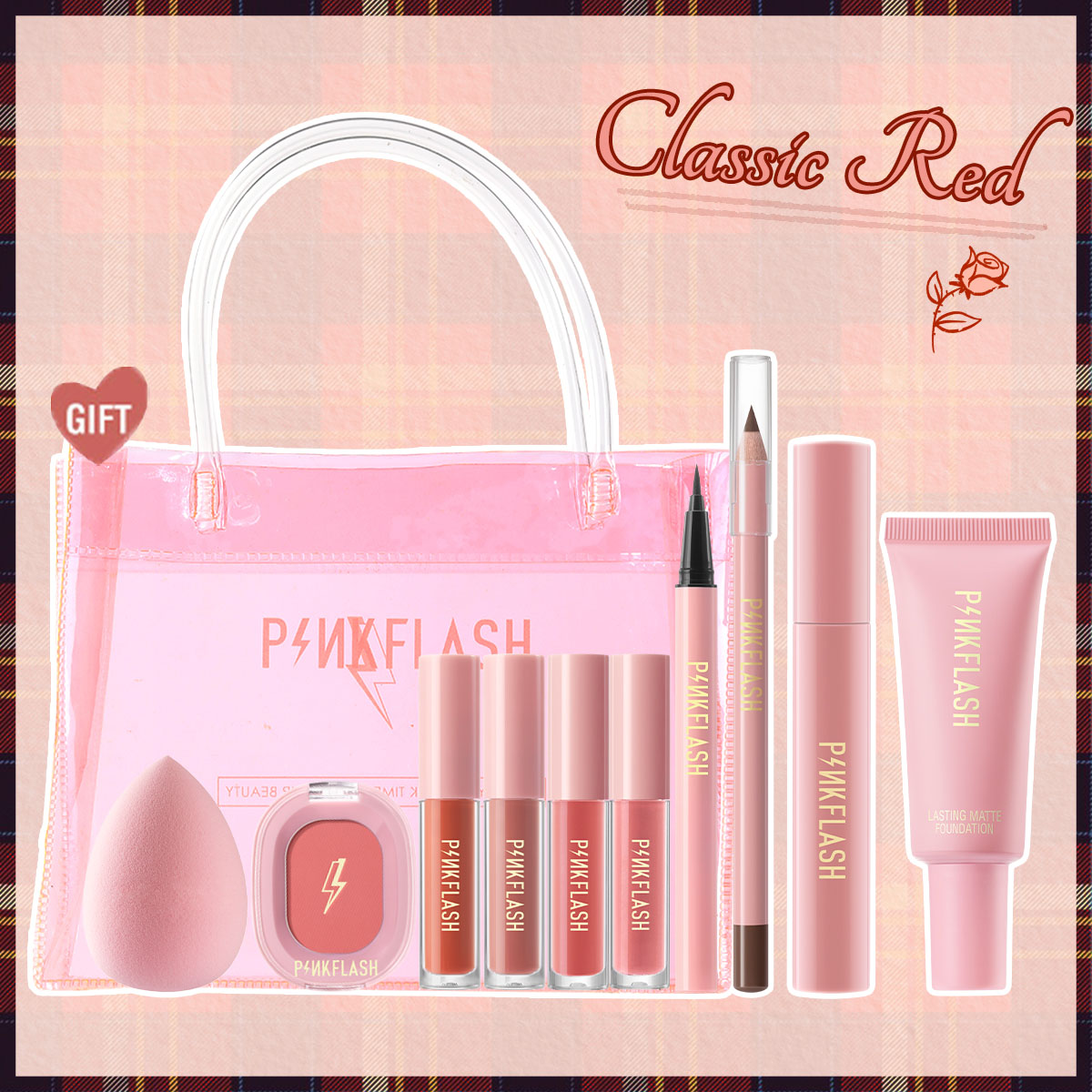 STAGENIUS Trọn bộ trang điểm với kem nền kiềm dầu mascara không thấm nước + kẻ mắt + chì kẻ mày + phấn má hồng + son bóng lì PINKFLASH - INTL