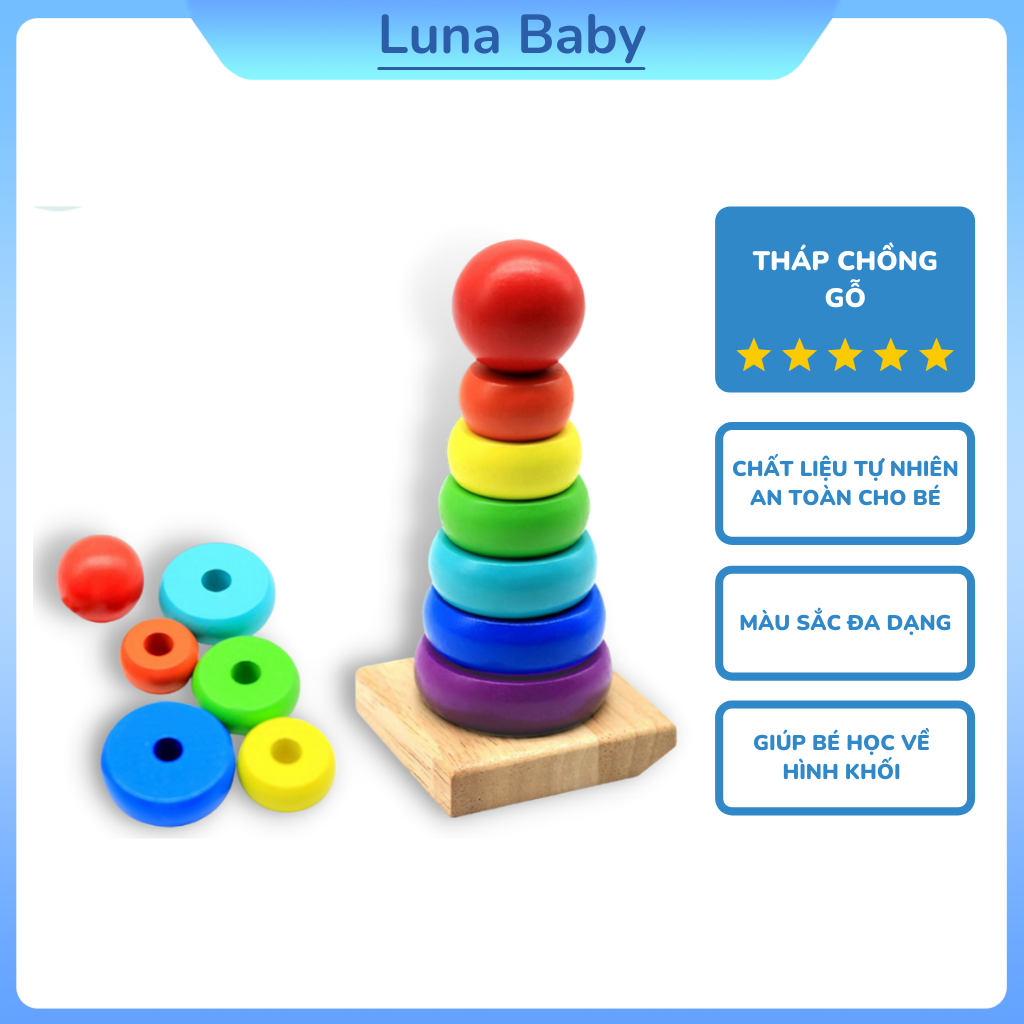 Đồ Chơi Tháp Xếp Chồng - Chất liệu gỗ an toàn cho bé, Luyện tập tính logic, phản xạ - Đồ chơi gỗ, Đồ chơi trẻ em, Đồ chơi cho bé, Tháp xếp chồng, Tháp gỗ cho bé - Luna Baby