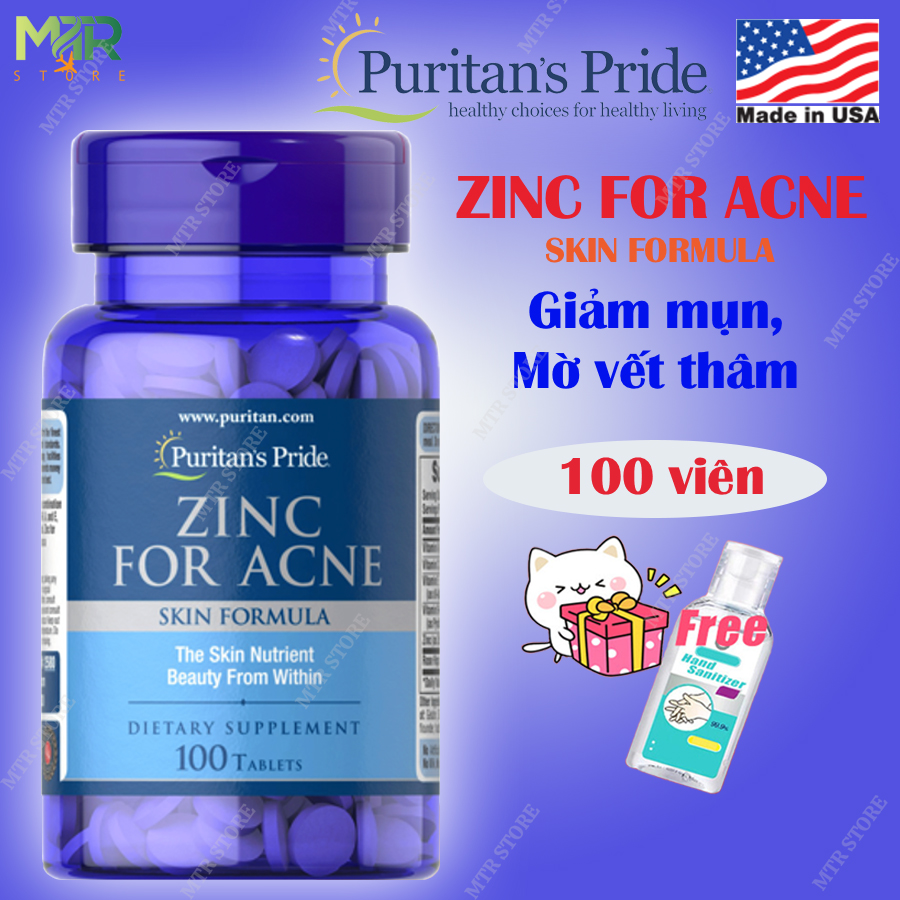 Viên Uống Bổ Sung Kẽm Puritan's Pride Zinc For Acne 100 Viên Của Mỹ - Giảm mụn, làm mờ vết thâm, zinc puritan, zinc mỹ, chống não hoá da