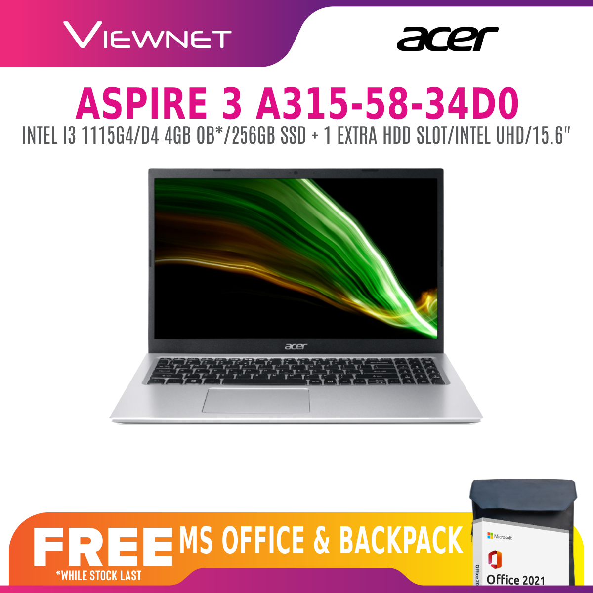 Acer Aspire 3 A315-58-34D0 / A315-58-35F8 15.6\'\'Laptop Pure Silver / blue ( I3-1115G4, 4GB, 256GB SSD, Intel, W11, HS)