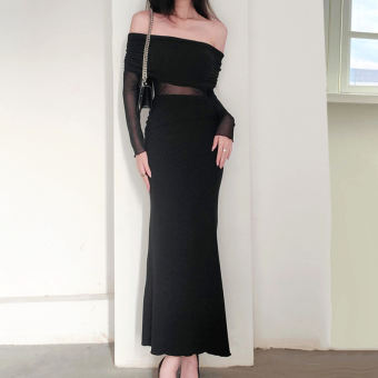 ĐầM Dạ HộI Xuân Thu Cho Nữ Đầm Lưới Xuyên Thấu Trễ Vai Dài Tay Màu Đen