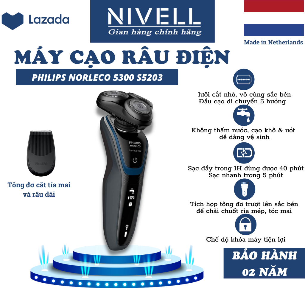 Máy cạo râu nam Philips S5000 S5203 S5205 S5210 3 lưỡi chính hãng xách tay Mỹ, cạo khô và ướt, bảo hành 2 năm toàn quốc