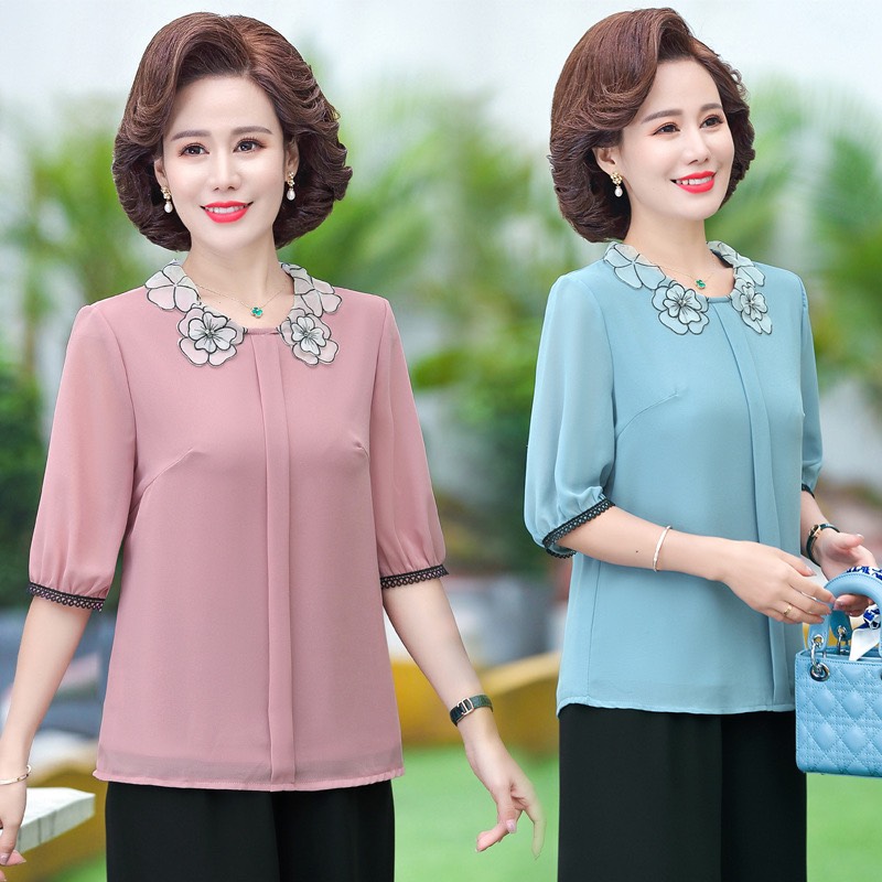 Áo trung niên tay lỡ, áo trung niên chất liệu voan lụa mềm mại, kiểu dáng sang trọng