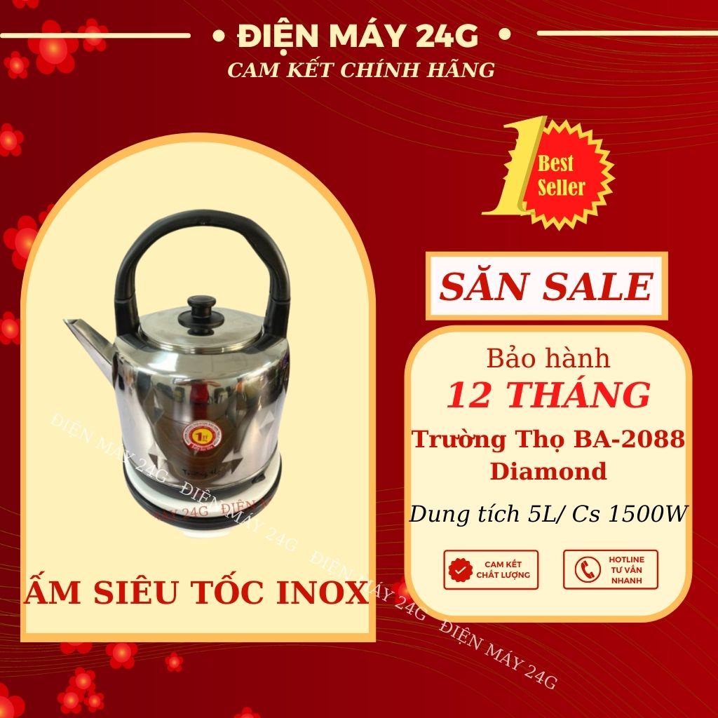 Ấm siêu tốc Trường Thọ BA-2088 Diamond ấm đun siêu tốc 5L bình đun nước inox mini chế độ tự ngắt an toàn và tiện dụng hàng chính hãng bảo hành 12 tháng