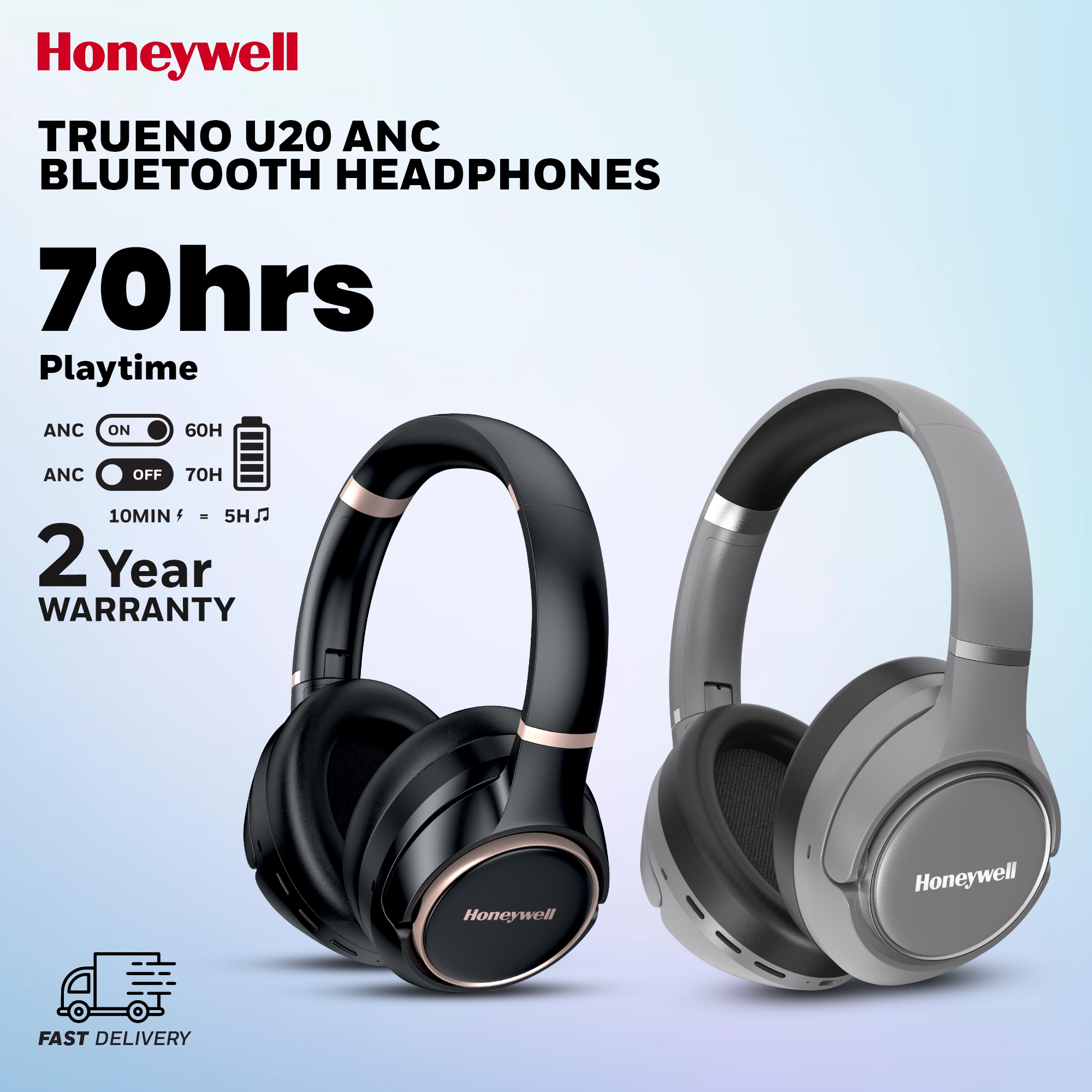 Honeywell New Launch Trueno U20 Bluetooth v5.4 Over-Ear Headphones with Mic, Hybrid ANC, Spatial Audio &Head Tracking, 70H Playback, High-Res Sound, Dual Pairing, 40ms low latency, Quad Cable-Black