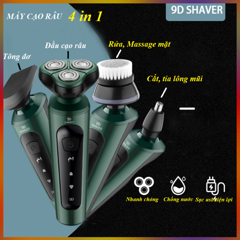 Máy Cạo Râu [HÀNG XỊN] Đa Năng 4 in1 cạo râu ,cắt tóc, massage mặt, tỉa lông mũi , Dao Cạo Râu, 9D SHAVER Lưỡi Dao Tự Mài, Lưỡi Cạo Sắc Bén Chuẩn Xác chống nước vệ sinh rửa nước thóa mái