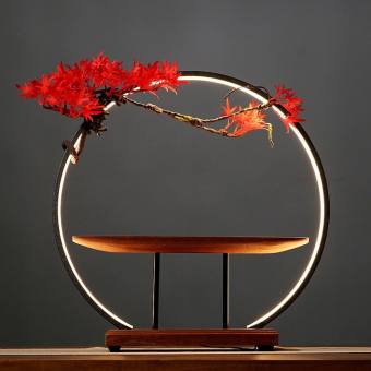 kệ đèn led hình tròn đặt tượng phật có kèm cây - kệ đèn hào quang trang trí cùng tượng decor tiểu cảnh không gian trà