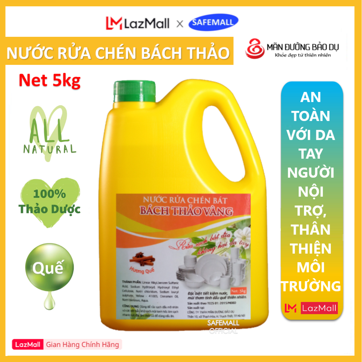 SAFEMALL - Nước Rửa Chén Bách Thảo Vàng Hương Quế 100% Natural Chiết Xuất Thiên Nhiên Không Hại Da Tay - Can 5kg - Hàng Chính Hãng SAFEMALL OFFICIAL