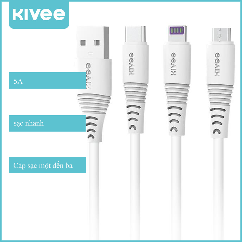 KIVEE nguyên bản 5A 1.2m Cáp sạc một đến ba Cáp sạc nhanh USB to lightning micro type-C sạc nhanh Cáp sạc chống rối siêu bền Sạc nhanh Cáp sạc dây