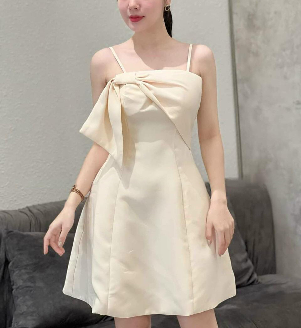 Đầm váy nữ xòe 2 dây cúp ngực kết nơ thời trang kiểu cách đi chơi, đi dự tiệc d.one fashion, mẫu free size mặc vừa