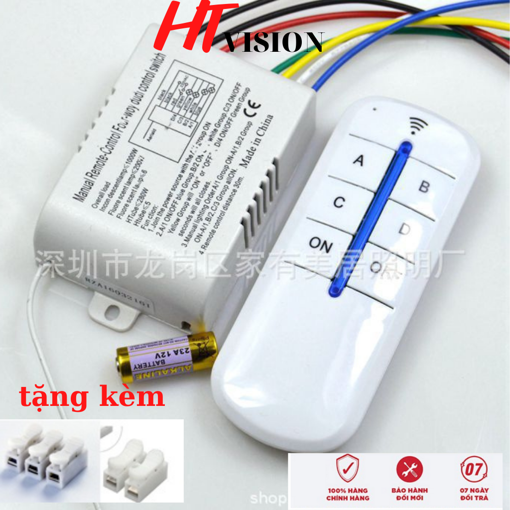 Công tắc 4 kênh điều khiển từ xa kèm remote sóng RF 315mhz