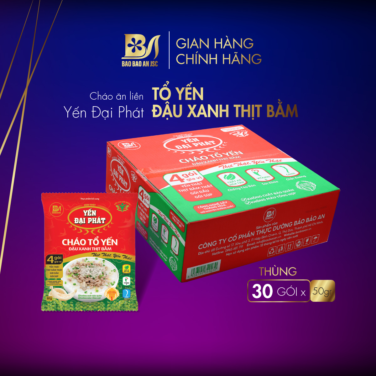 Cháo Tổ Yến Đậu Xanh Thịt Bằm  (30 gói x 50gram / thùng) 4 gói gia vị, ăn liền, tiện lợi, thơm ngon, dinh dưỡng cao Bao Bao An JSC