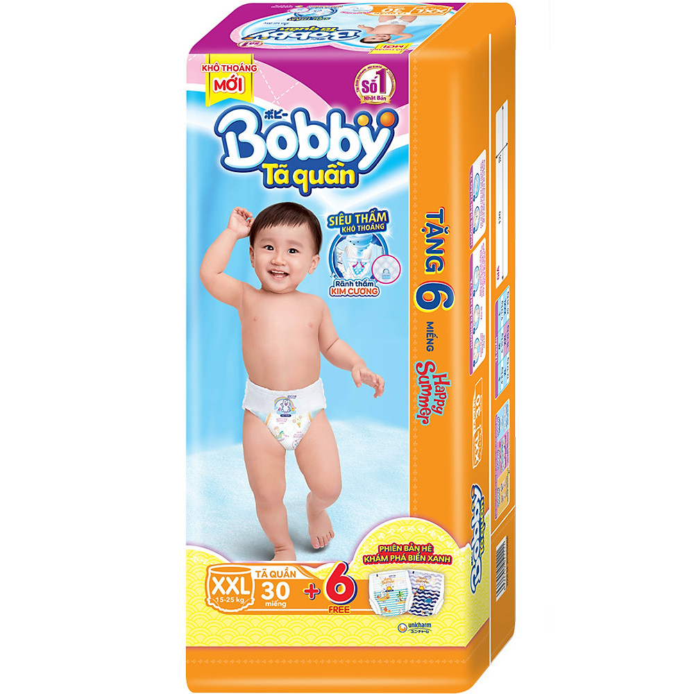 Bỉm tã quần bobby khô thấm siêu thoáng xxl30, xxl30 + 6 hsd: 03/2024