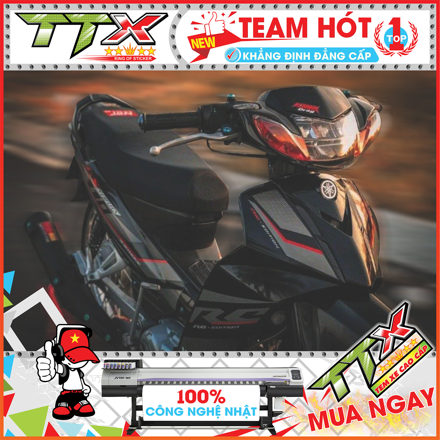 Tem chế sirius đen đỏ rc 110 , Team rời sirius dán xe màu đen chỉ đỏ siêu đẹp , Shop TTX Tem sirius