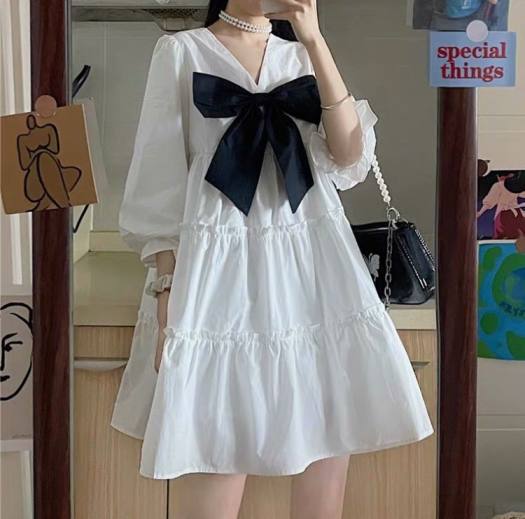 FREESHIP] Váy đầm nữ di chơi đi tiệc dáng xòe cổ nơ dễ thương, đầm nữ 3  tầng phong cách Hàn Quốc chất vải không nhăn [ VÁY A ĐEN TAY